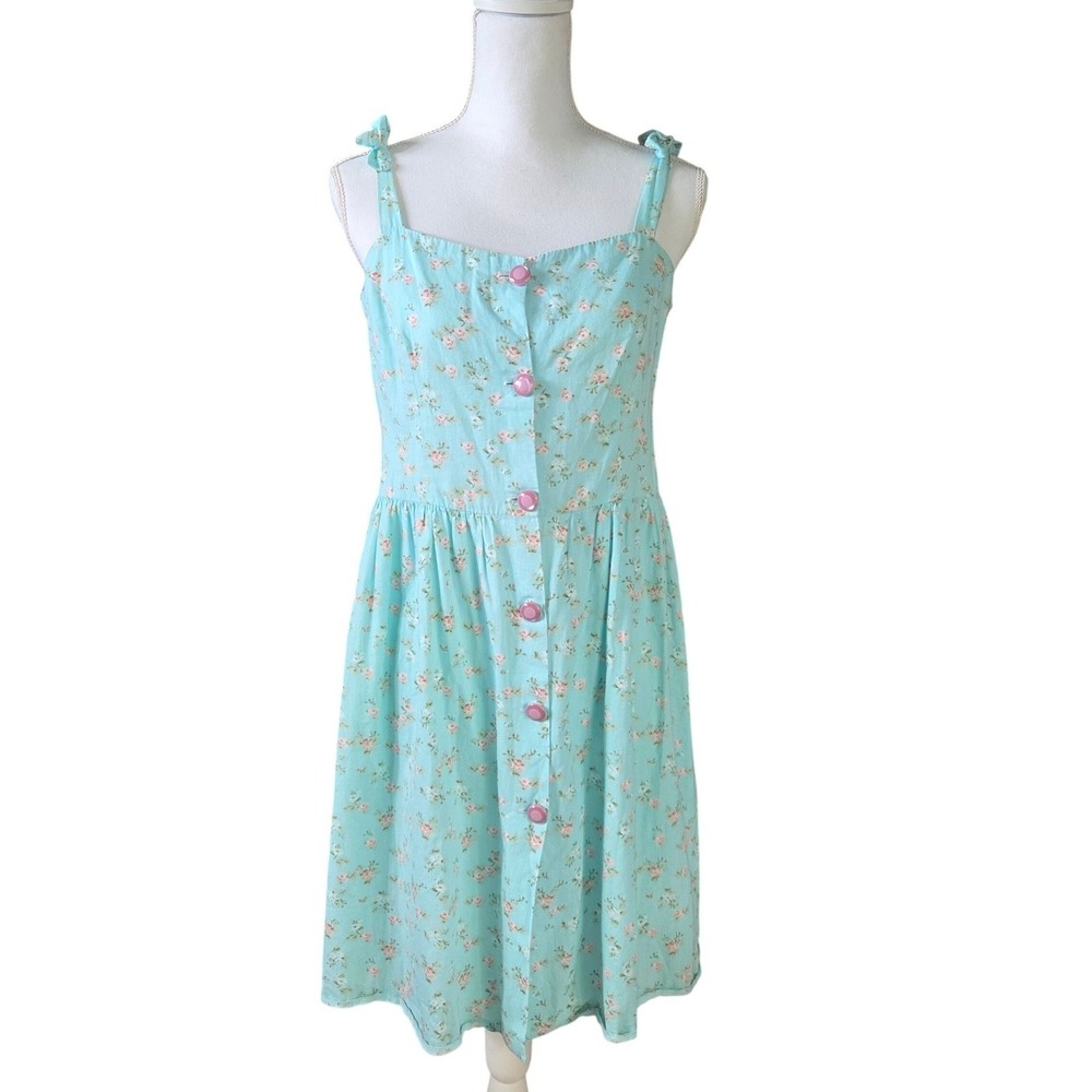 Victoria's Style Vintage Floral Midi Dress Mint Pink Button Front Cottagecore L